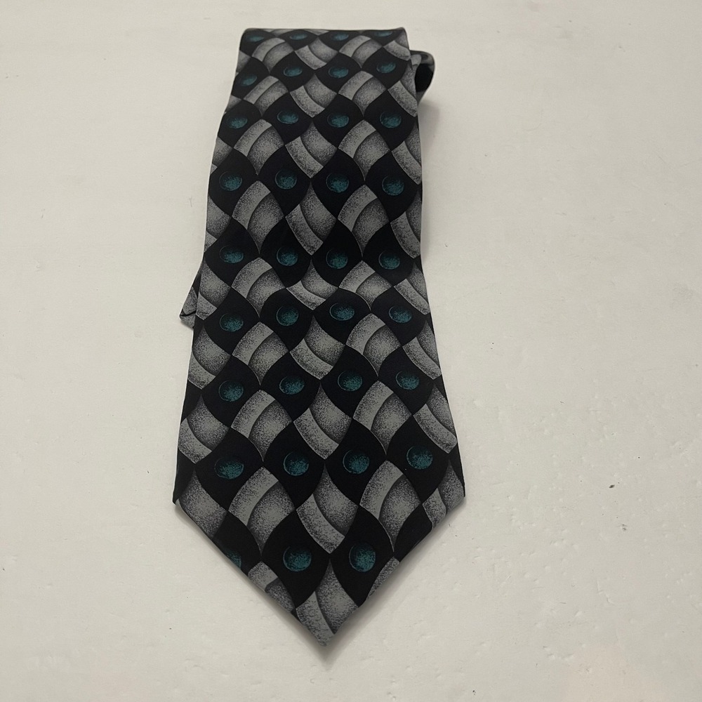 Brandini Le Collezioni Mens Silk Tie Black Grey‎ Teal Geometric Pattern